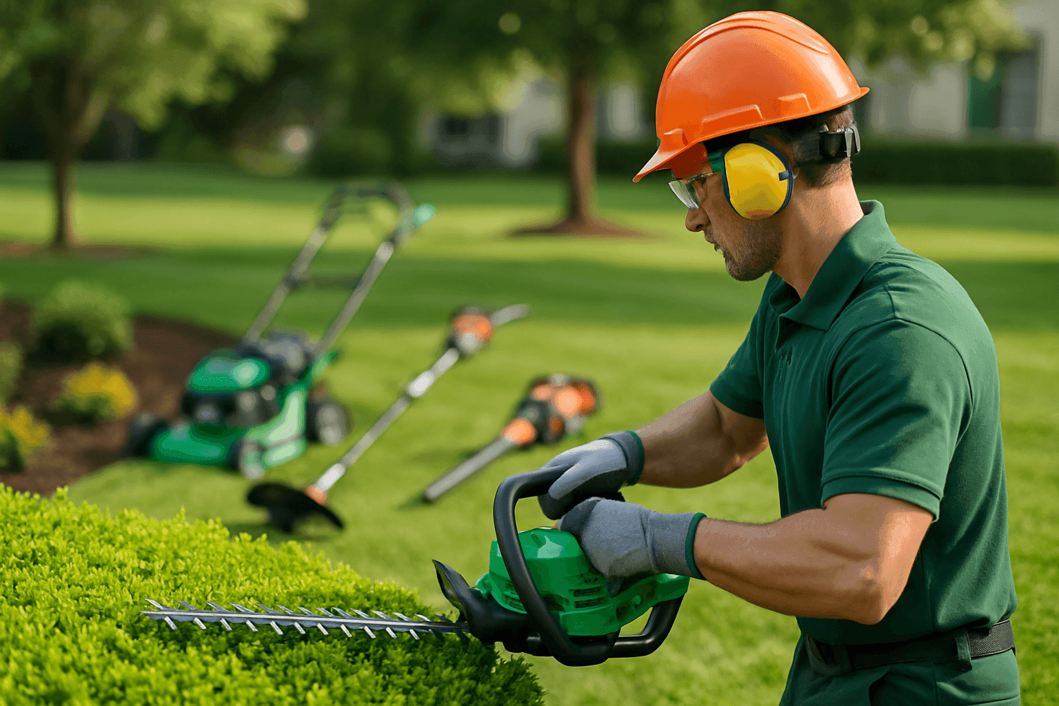 Professional landscaper wearing safety gear trimng green hedge on manicured residential or commercial property