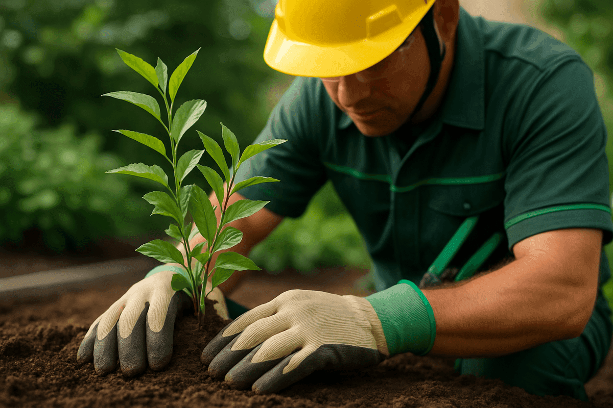 Close-up of gloved hands planting shrub in soil with branded green accents on uniform and tools